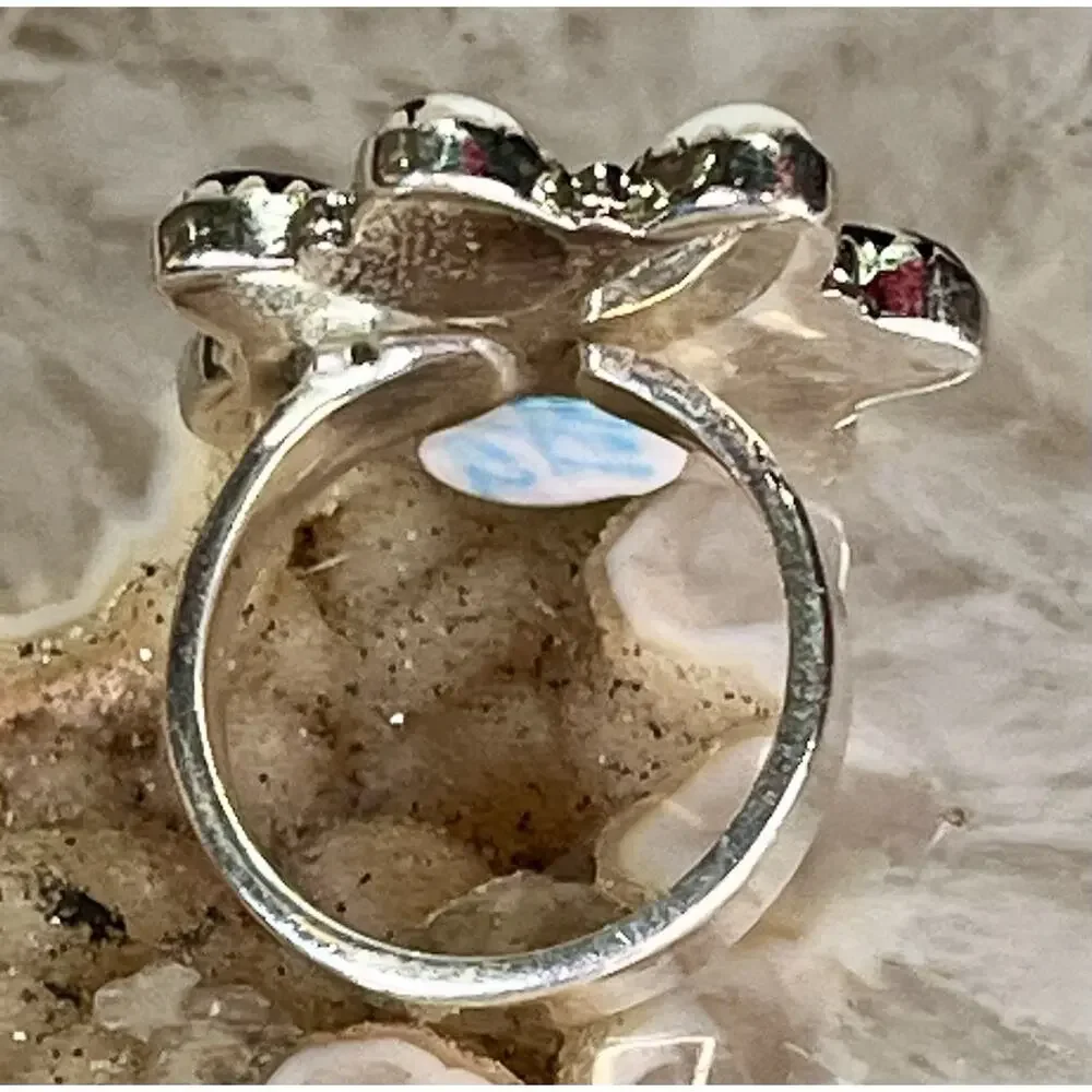 White Buffalo Turquoise Sterling Silver Cluster Ring Adjust Sz Southwestern 925